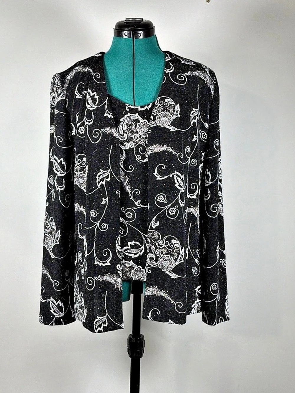 Vintage Alex Evenings 2pc Set Black Glitter Paisley Cami & Jacket Sz M Formal